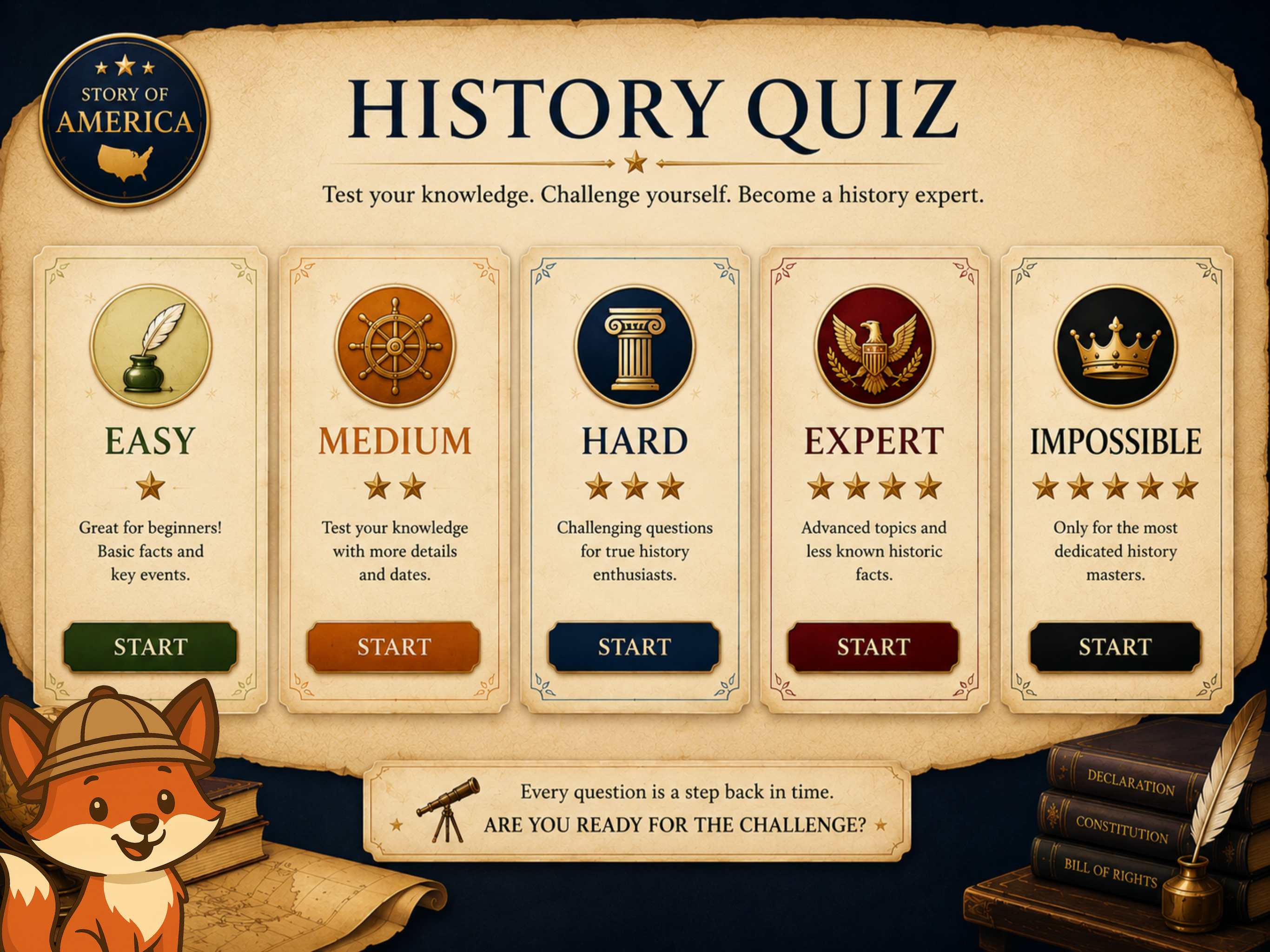 Story of America history quiz difficulty selection